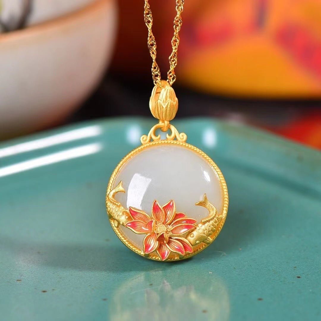 Fortune Lotus Carp & Lotus Sterling Silver Hetian Jade Pendant Necklace for Women – Symbol of Harmony & Prosperity – Bracelet