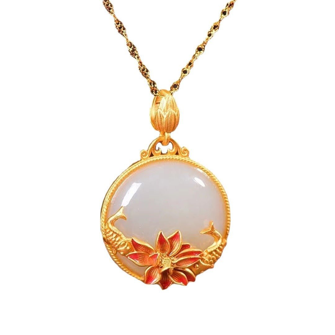 Fortune Lotus Carp & Lotus Sterling Silver Hetian Jade Pendant Necklace for Women – Symbol of Harmony & Prosperity – Bracelet