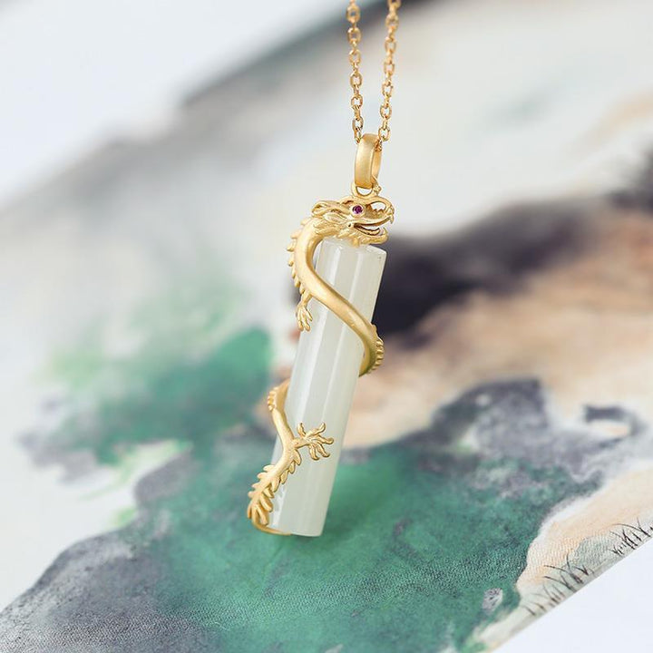 Fortune Lotus Hetian Jade Dragon &amp; Phoenix Pendant Necklace – Prosperity and Harmony Symbol – Necklace for tags