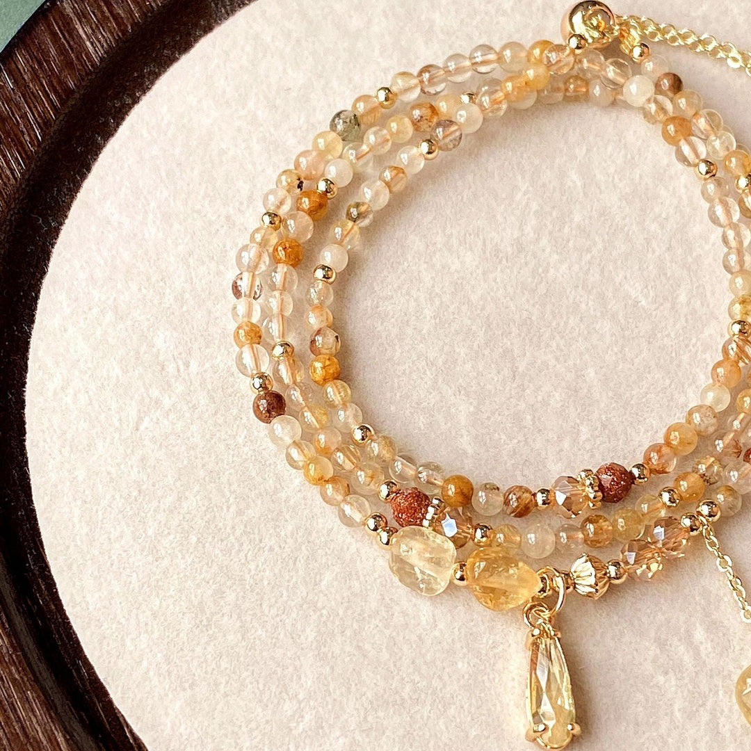 Fortune Lotus Natural Hair Crystal Multi - Layer Bracelet – Caramel Brown Three - Fold Wrap for Grounding &amp; Clarity – Bracelet for tags