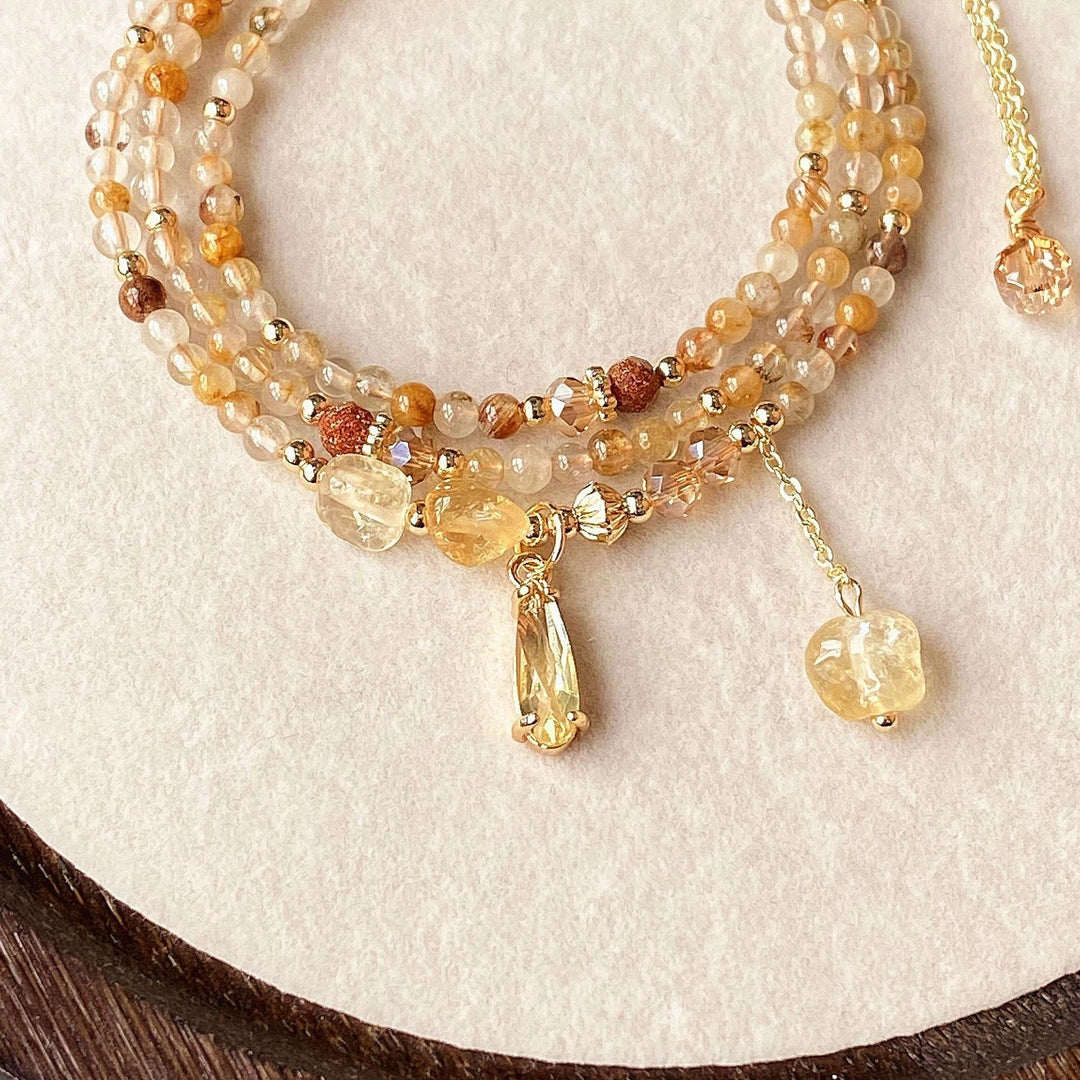 Fortune Lotus Natural Hair Crystal Multi - Layer Bracelet – Caramel Brown Three - Fold Wrap for Grounding &amp; Clarity – Bracelet for tags