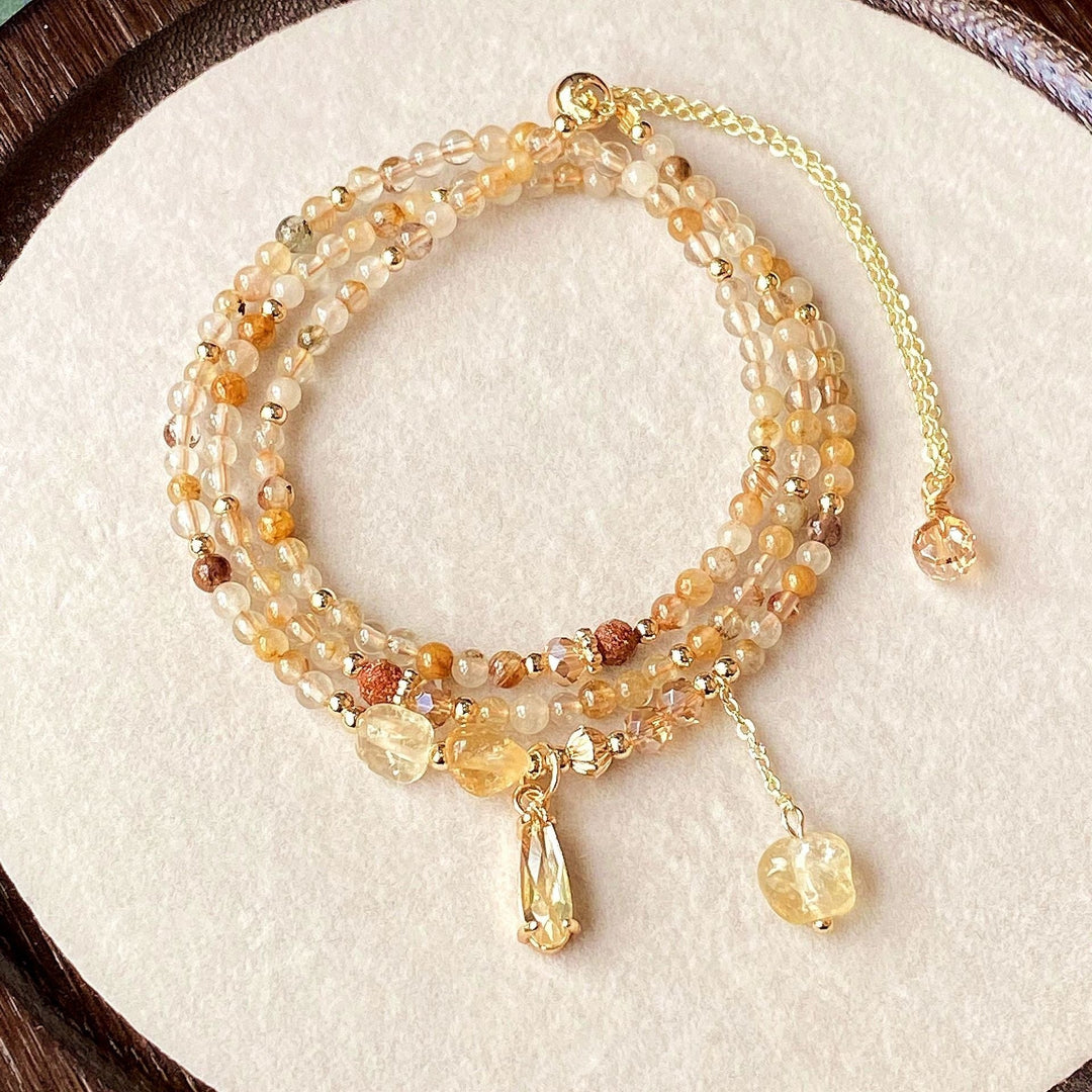Fortune Lotus Natural Hair Crystal Multi - Layer Bracelet – Caramel Brown Three - Fold Wrap for Grounding &amp; Clarity – Bracelet for tags