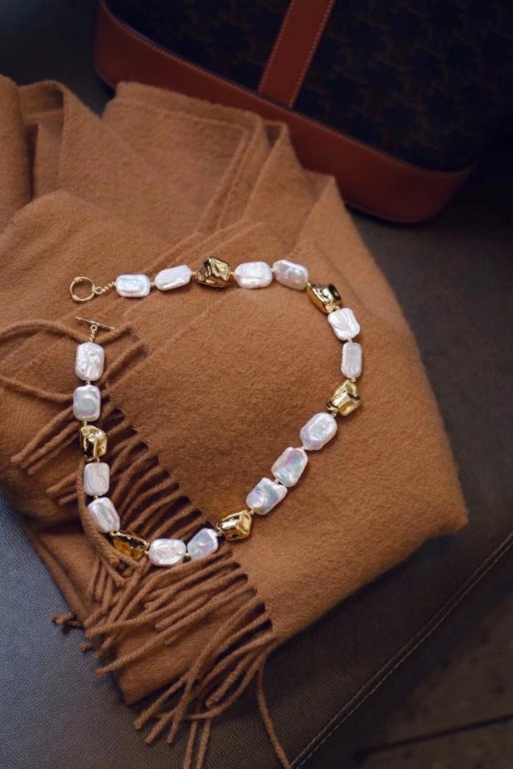 Fortune Lotus Vintage Baroque Pearl Bracelet – Square Pearl Jewelry with Gold Accents – Bracelet for tags
